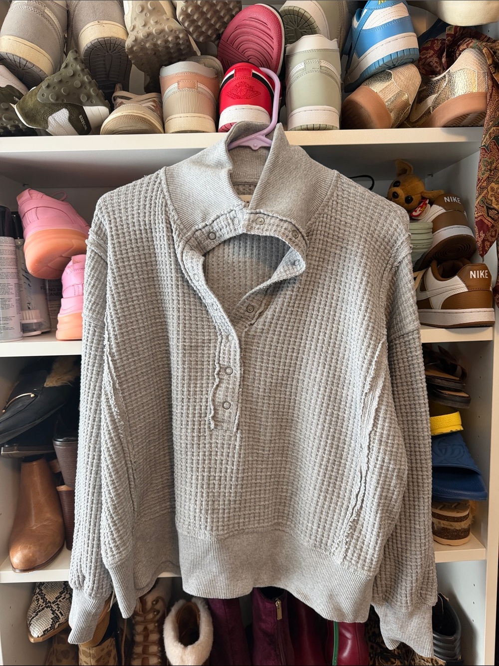 American Eagle Outfitters Light Gray Waffle Knit Button-Up Sweater